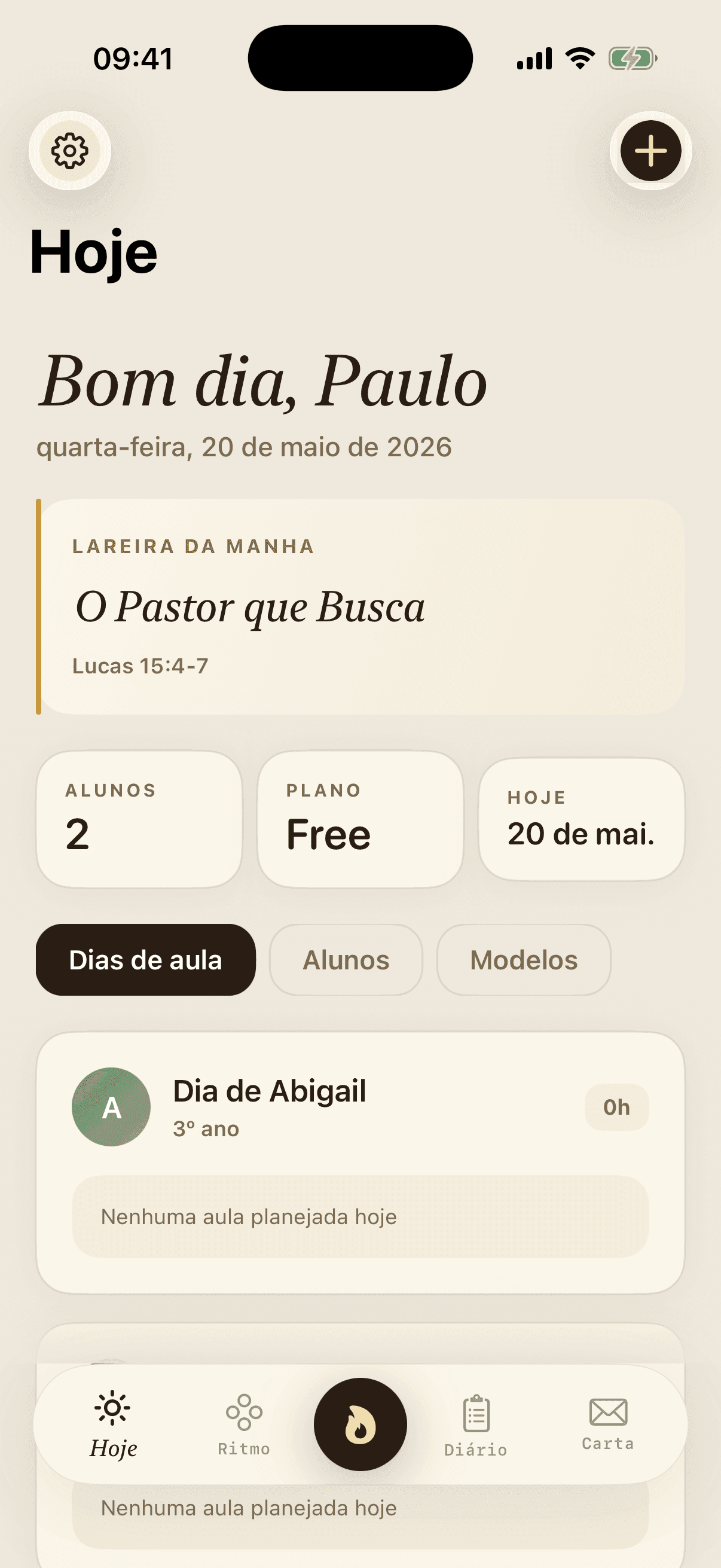 FaithSchool dashboard showing daily devotional, student cards and quick actions