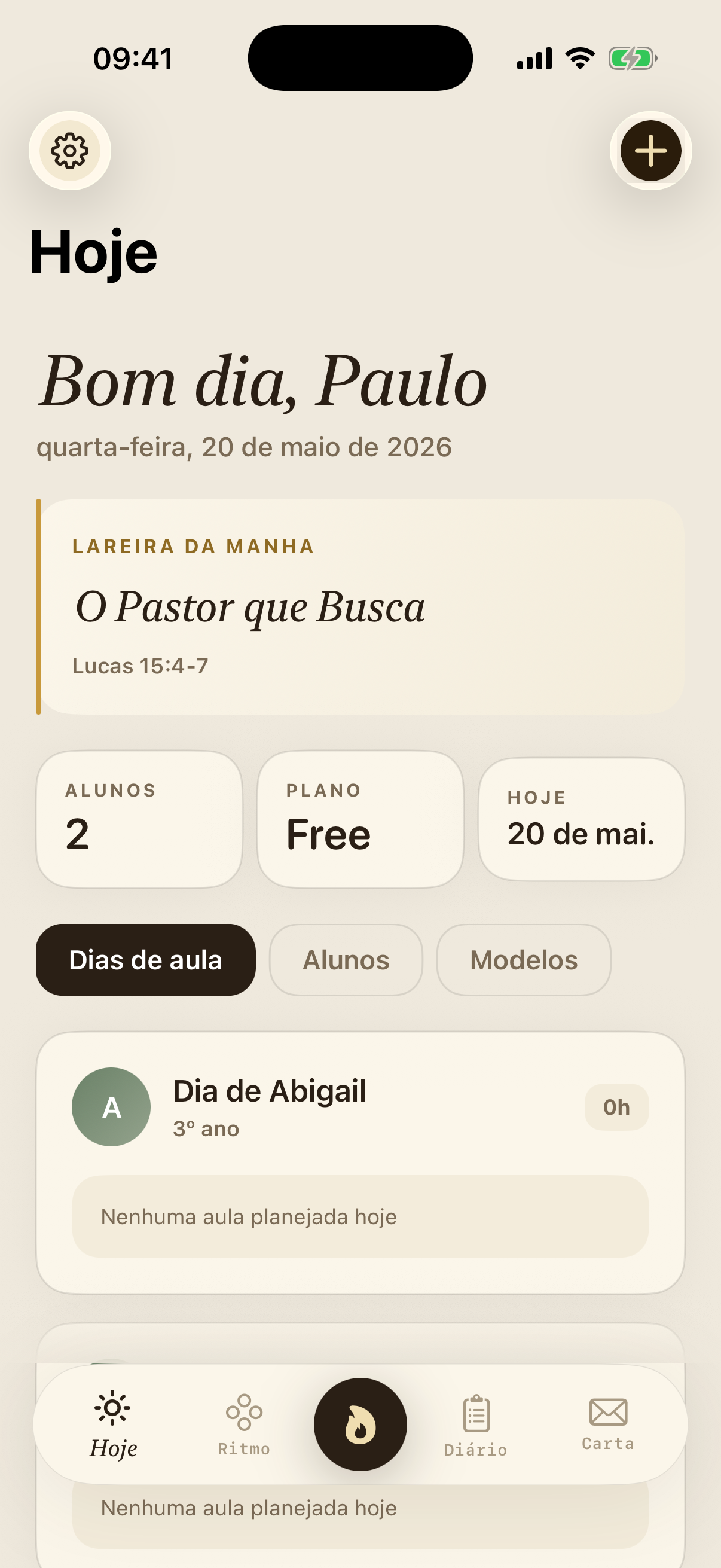 FaithSchool dashboard showing daily devotional, student cards and quick actions